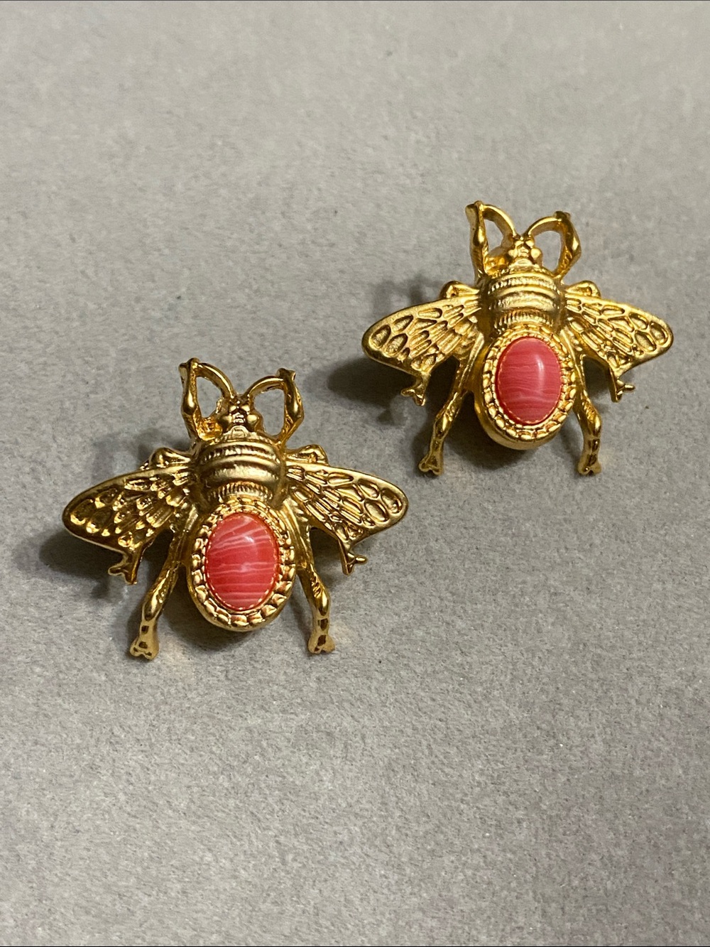 Gold Bee Stud Earrings with Pink Cabochon